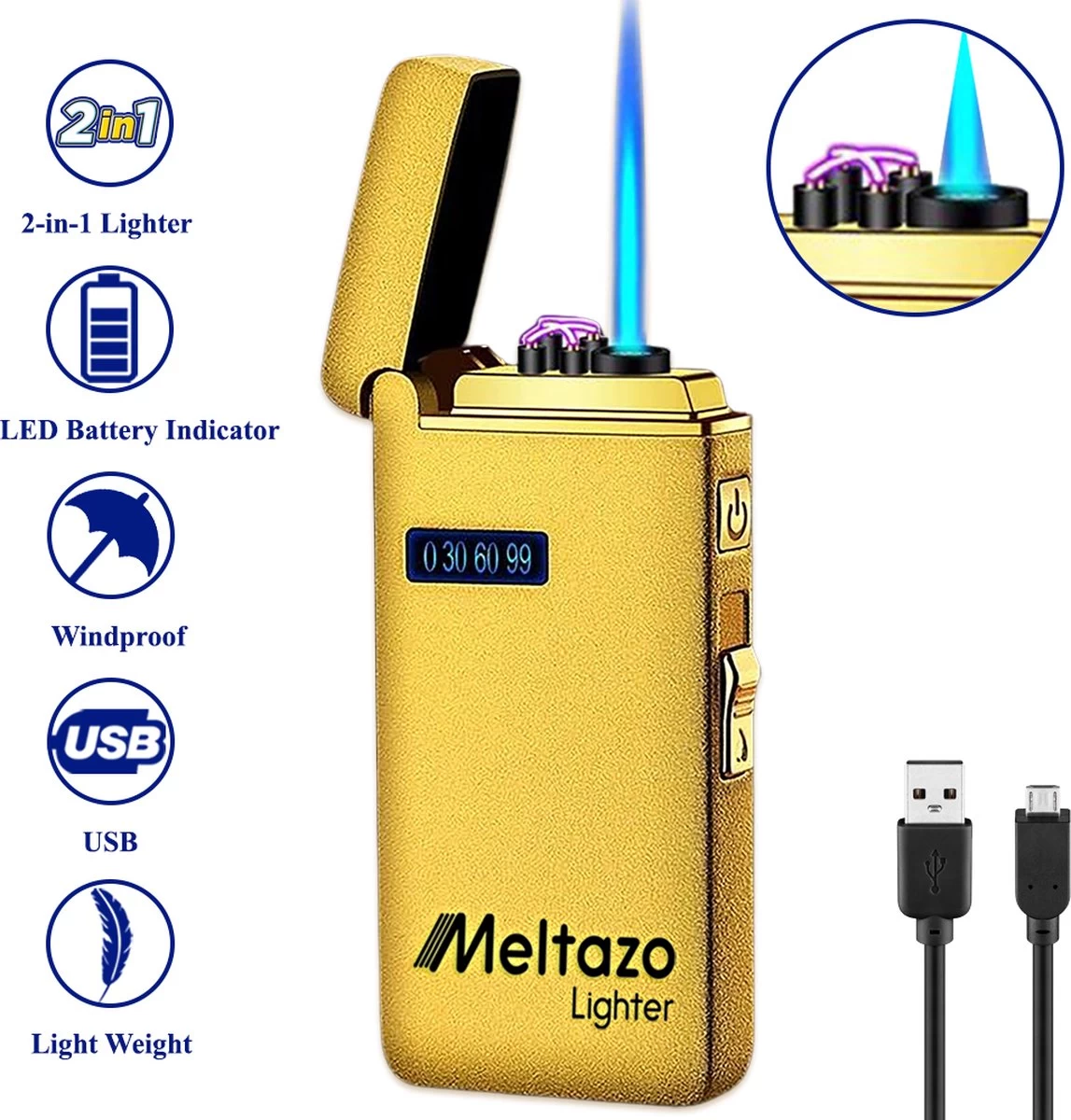 MELTAZO Elektrische Aansteker, Aansteker Gas, Electric Lighter, Gasaansteker Navulbaar, Elektronische Aansteker, Aansteker Plasma, Aansteker Vuurwerk, USB Aansteker Plasma, 2-in-1 Aansteker Voor Sigaretten Camping Kaarsen - 2023 Editie - Afbeelding 2