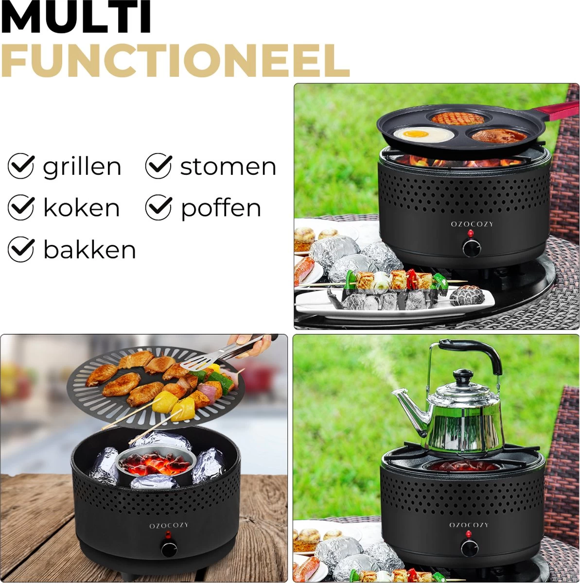 Ozocozy BBQ-ONE Houtskool Tafelbarbecue - Ø30 Cm- Zwart - Incl. Draagtas, Siliconen Bakkwast En RVS-Barbecuetang - Afbeelding 9