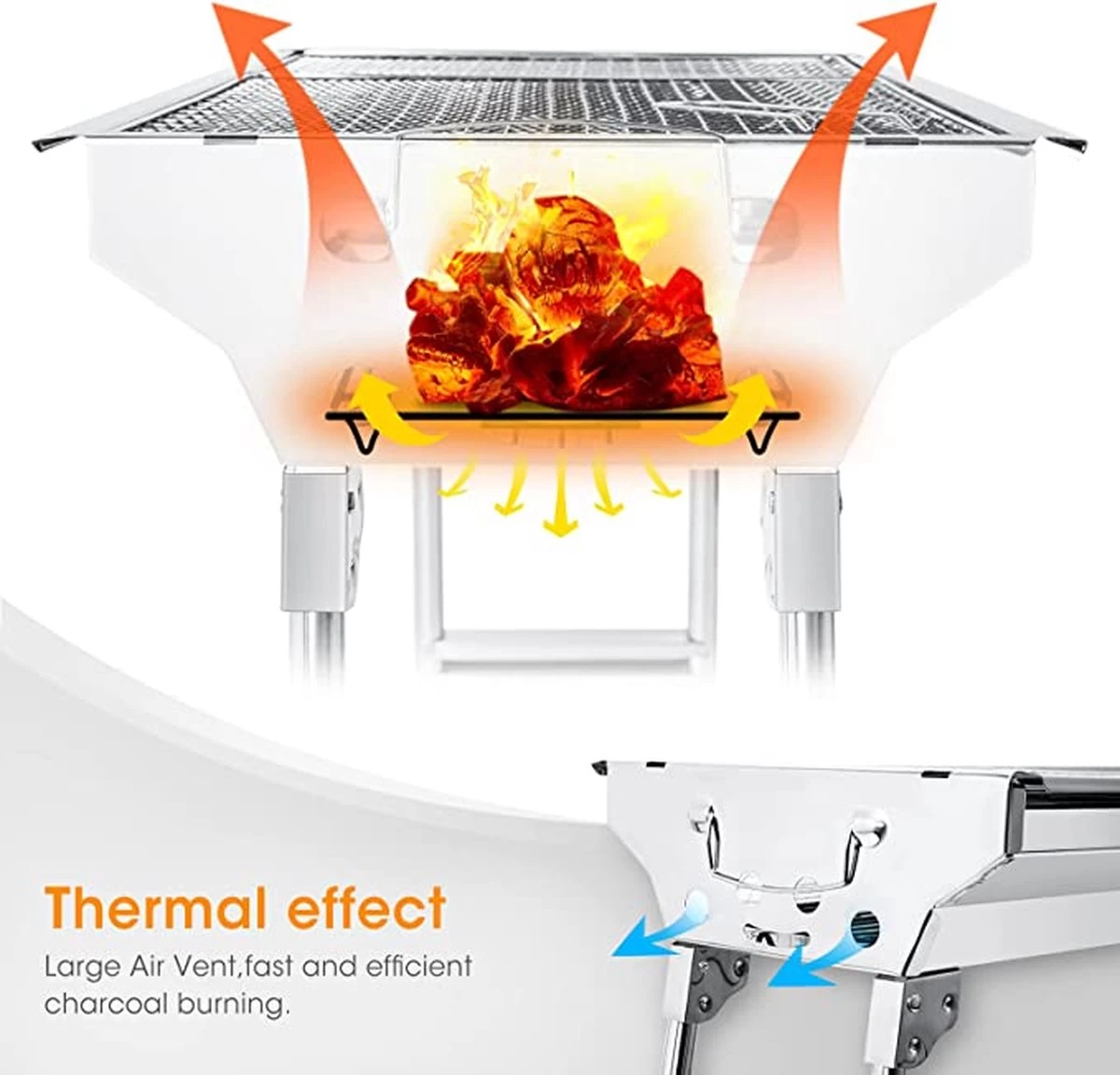 Uten - Houtskoolbarbecue - Opvouwbare Barbecue - Houtskoolbarbecues - Draagbare Camping Barbecue - 430 Roestvrij Staal Grill BBQ - 5-10 Persoon Tuin Buitenfeest - Zilver - Afbeelding 7