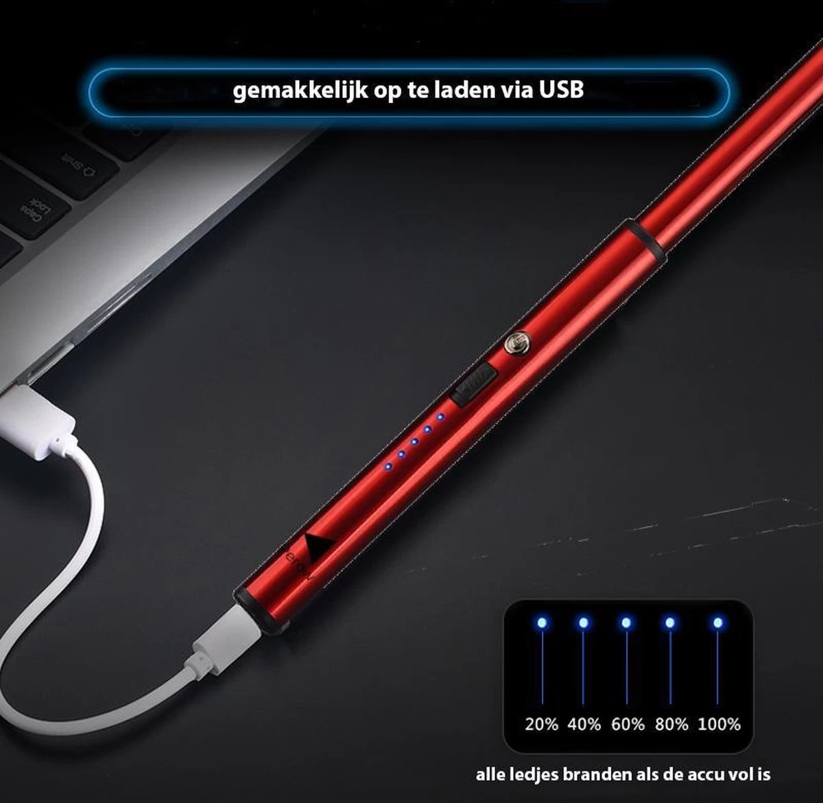 Oplaadbare Lange Dunne Elektrische Aansteker - Duurzame Plasma Aansteker - Inclusief Cadeauverpakking - BBQ – Kaarsen – Rood - Afbeelding 3