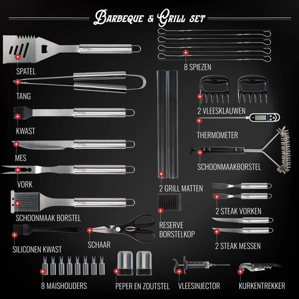 Mountain Jack® 40-Delige Luxe BBQ Grill Accessoires Set In Roestvrij Staal – Barbecue Gereedschap – Tangenset, Vlees Thermometer, Vleestang, Borstel, Spiezen, Vleesmes, Vleesvork - Afbeelding 5
