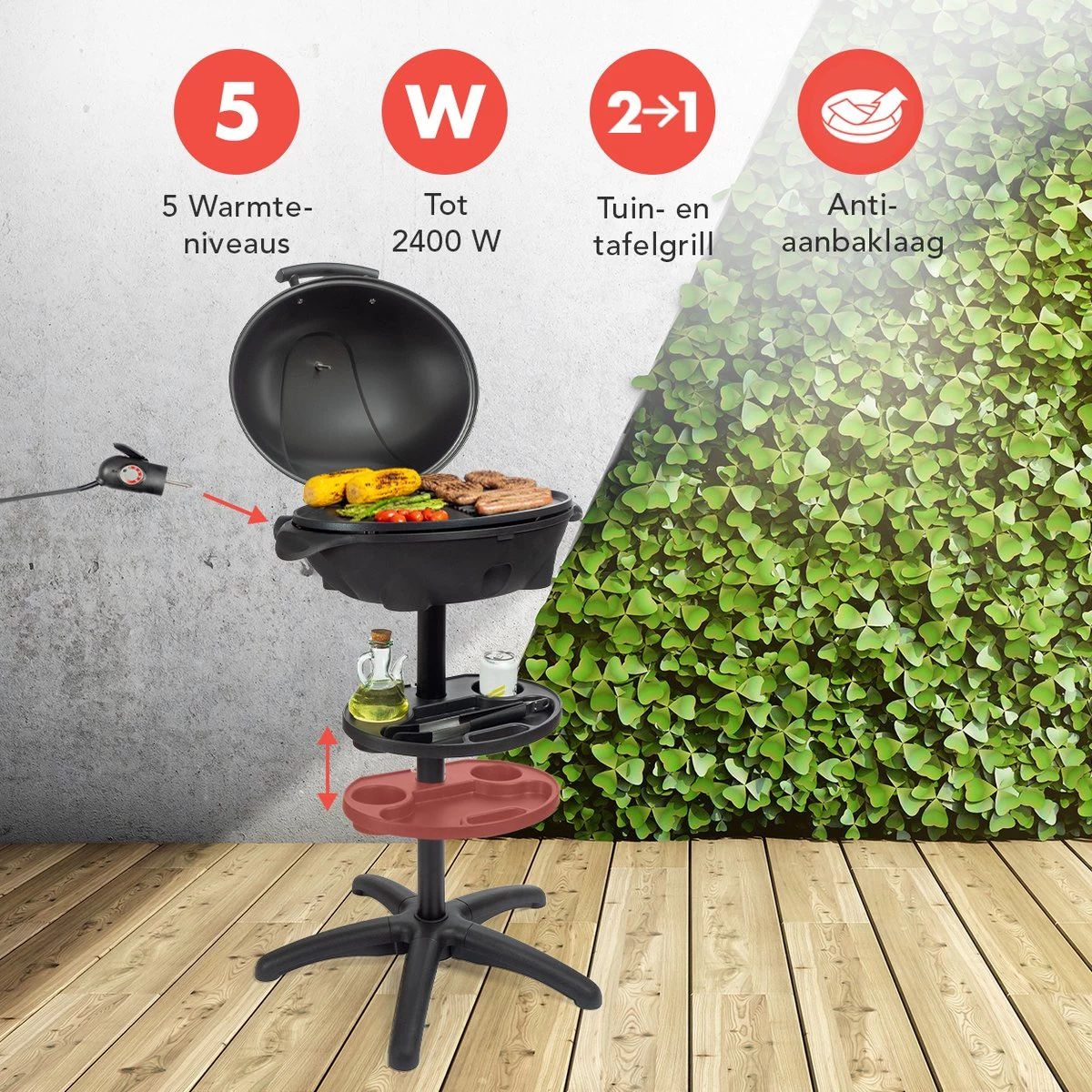 KitchenBrothers Elektrische BBQ - Met Grillplaat - Anti-aanbaklaag - Incl. Plank/Houders - Grilloppervlak 46,5x33,8cm - Tot 300°C - 2400W - Zwart - Afbeelding 3