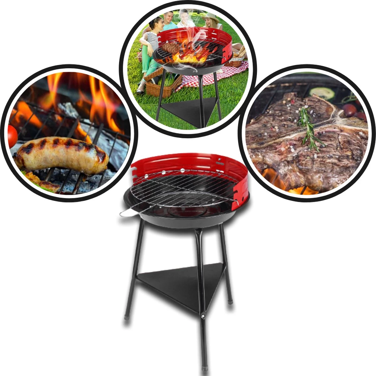 Houtskoolbarbecue Ø33 Cm | Verstelbare Grill BBQ | Halfopen | Zwart / Rood - Afbeelding 6