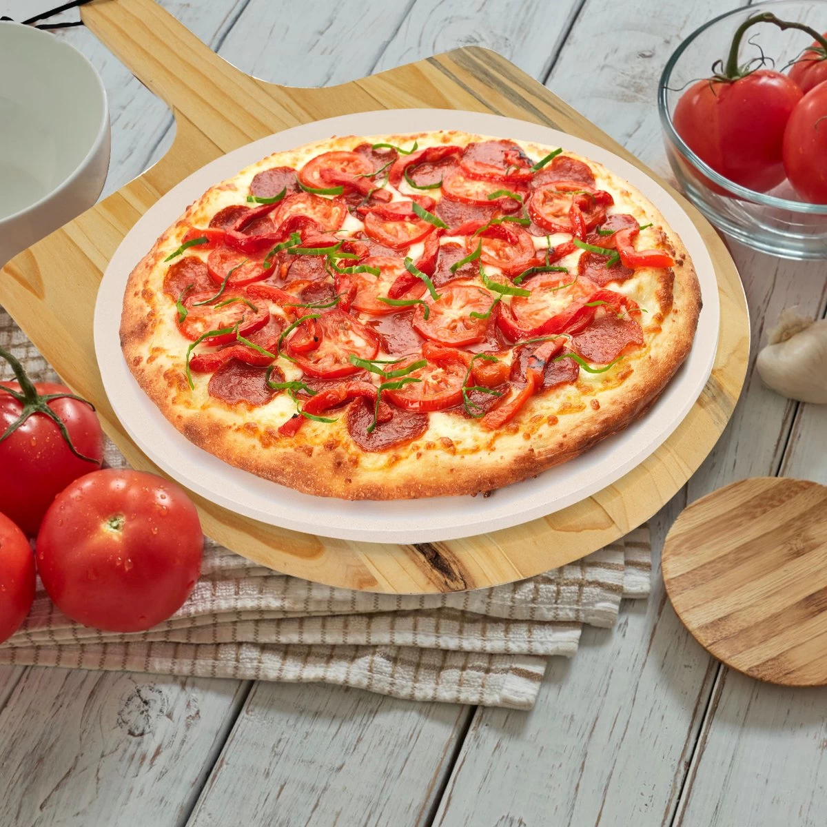 MaxxHome Pizzasteen - BBQ Steen - Maximum Te Verhitten Tot 600 Graden - ⌀33 - Incl. Houten Schep - Afbeelding 3