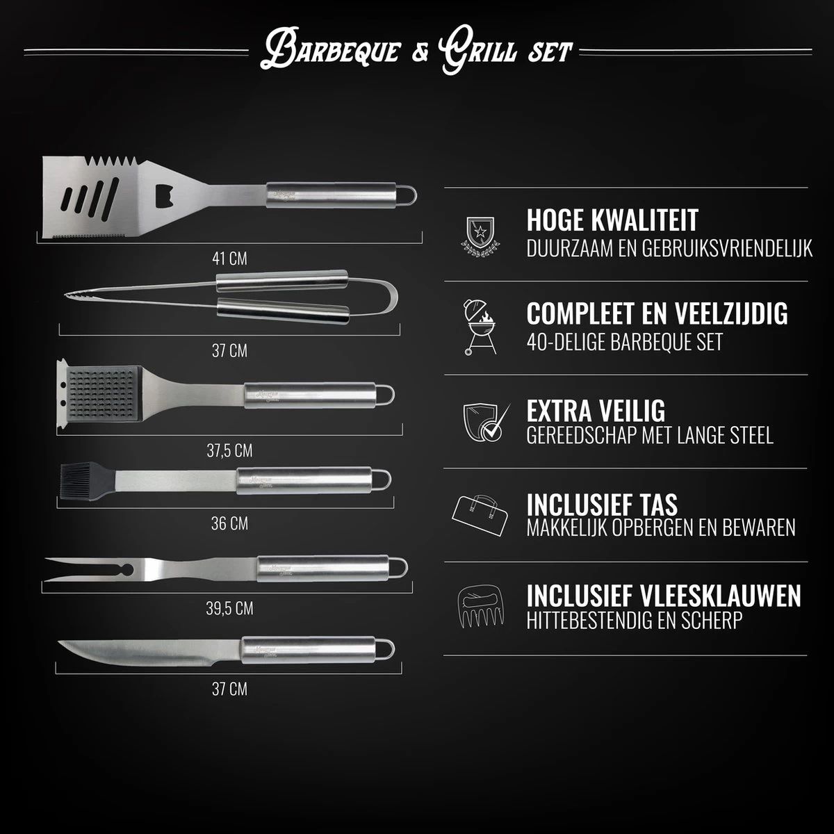 Mountain Jack® 40-Delige Luxe BBQ Grill Accessoires Set In Roestvrij Staal – Barbecue Gereedschap – Tangenset, Vlees Thermometer, Vleestang, Borstel, Spiezen, Vleesmes, Vleesvork - Afbeelding 3