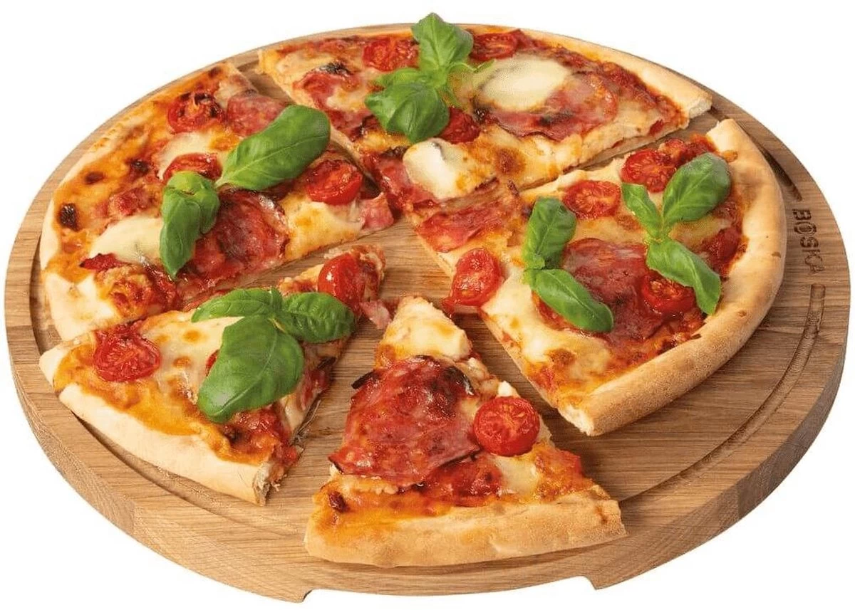 Boska Pizzaplank Friends L - BBQ Accessoires - Eikenhout - Handige Opvanggeul - Ø 34 Cm - Afbeelding 3